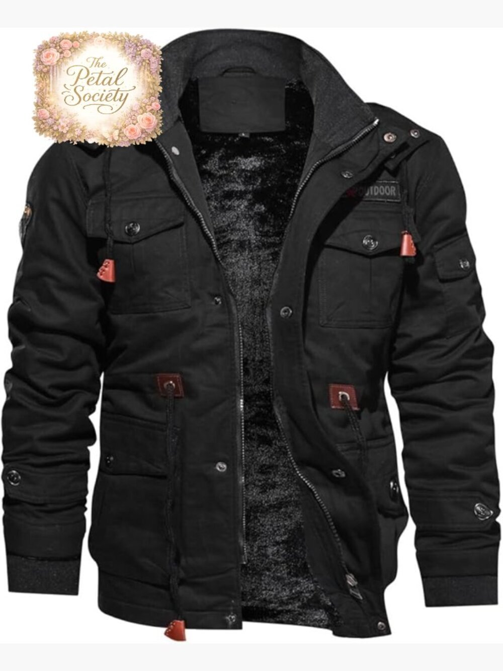 Men's Fleece Lined Military Jacket with Hood, 8 Pockets, Windproof Work Coat